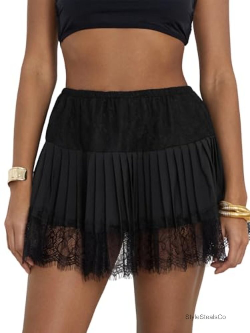 Women's Lace Mini Skirt Low Rise Pleated Ruffle Flowy Micro Skirt
